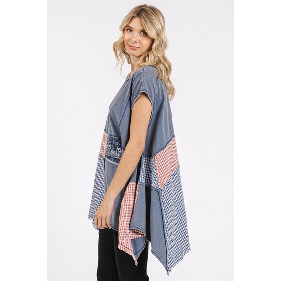 Mittoshop Patchwork Mineral Wash Round Neck Cap Sleeves Asymmetrical Top | Navy - Picture 3 of 5